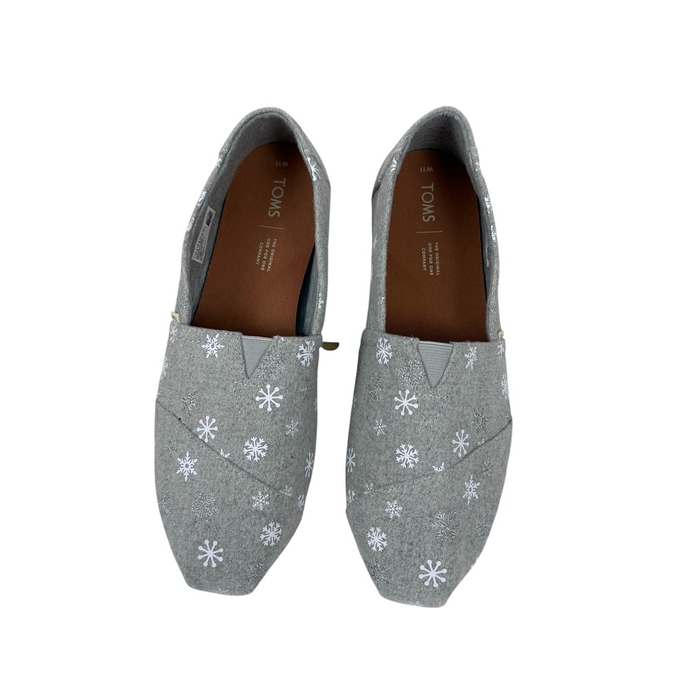 TOMS Grey Snowflake Alpargata Slip On Shoes Womens 11  Glitter Winter Flats‎